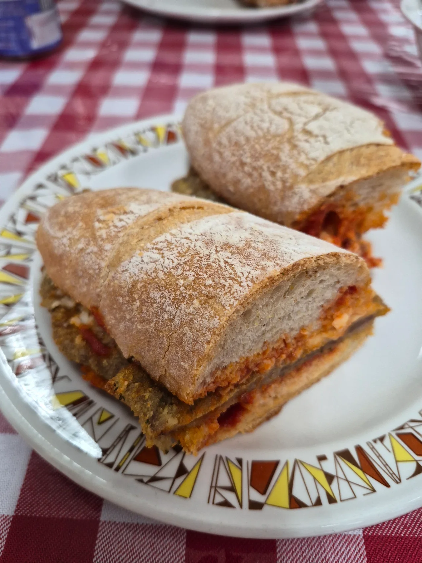 A breaded cutlet sandwich with tomato sauce, served on a plate